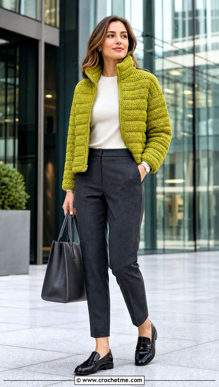 Funnel Neck Crochet Puffer Jacket With Tailored Trousers - 35 crochet puffer jacket outfit ideas