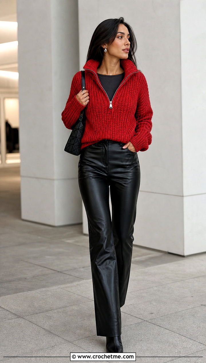 Funnel Neck Crochet Quarter Zip Sweater With Leather Pants - 20 crochet quarter zip sweater outfit ideas