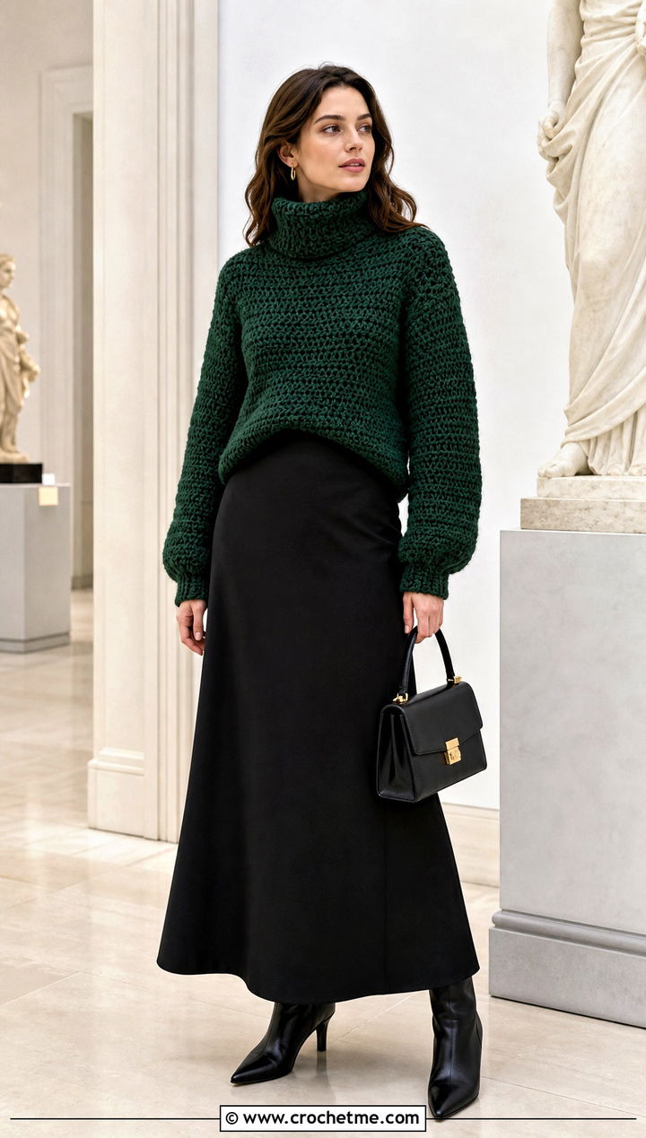 Funnel Neck Crochet Rory Gilmore Sweater With Maxi Skirt - 25 crochet rory gilmore sweater outfit ideas