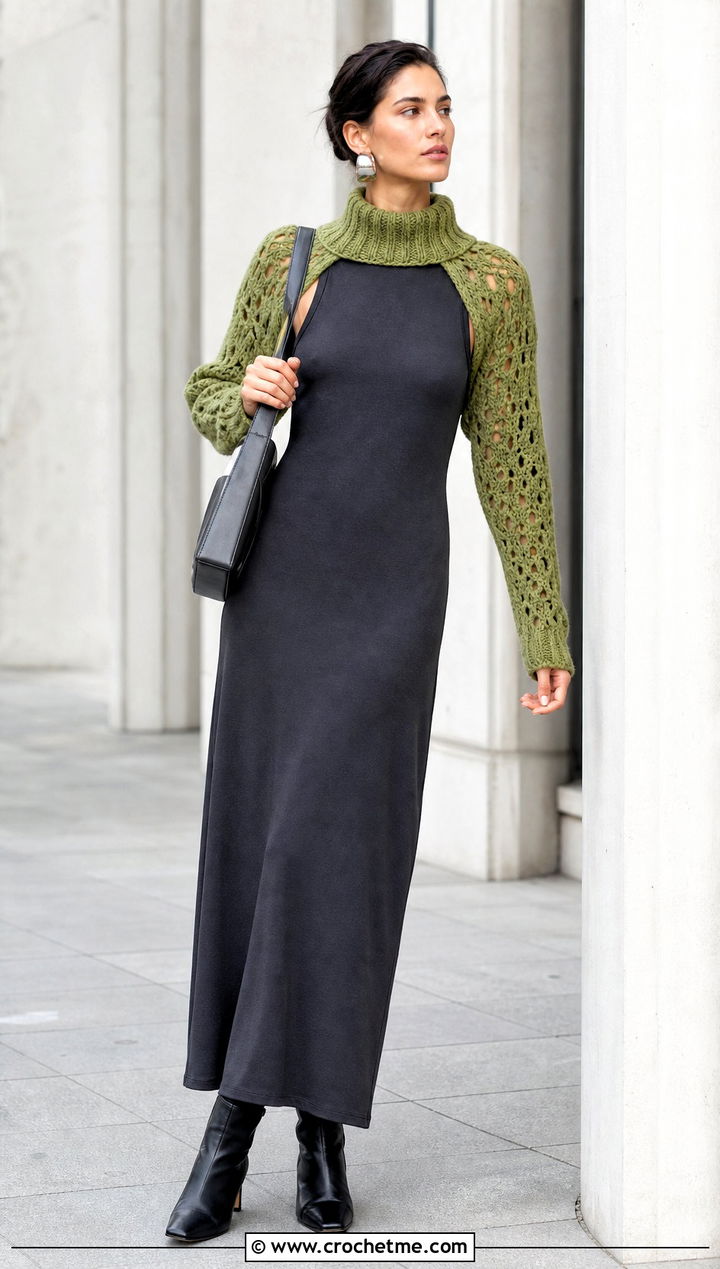 Funnel Neck Crochet Sleeve Shrug With Maxi Dress - 30 crochet sweater shrug outfit ideas