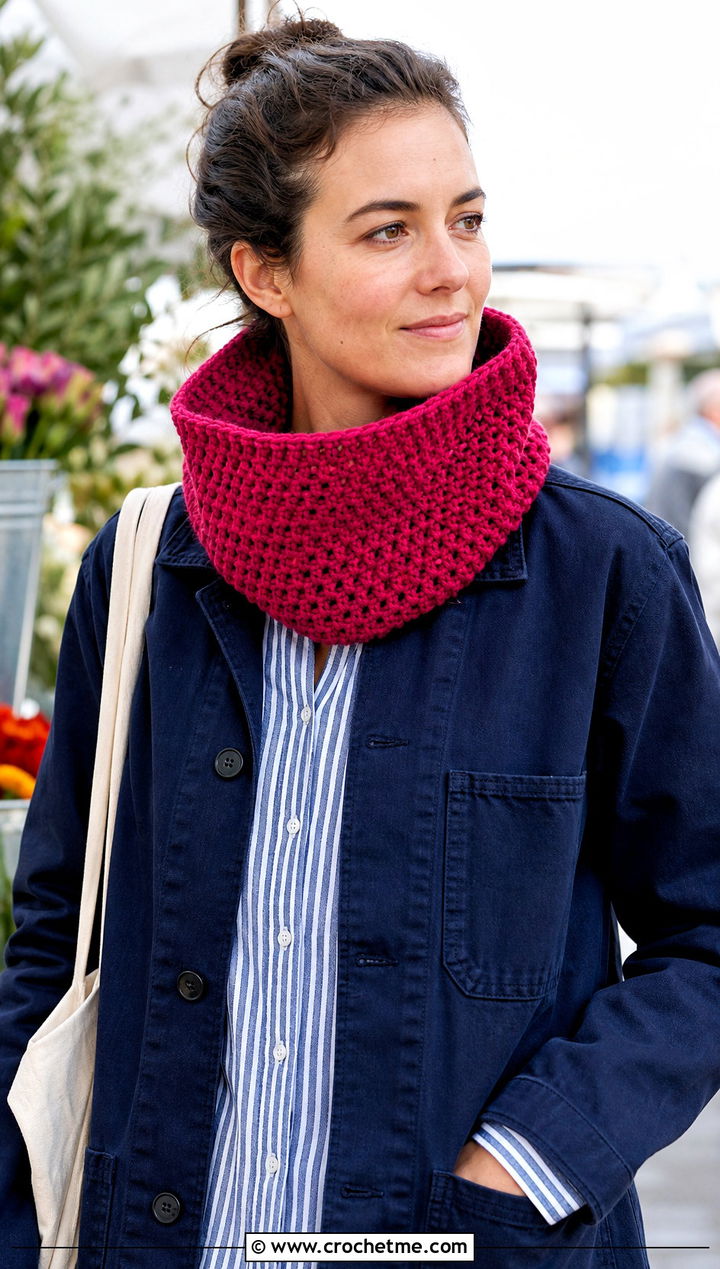Funnel Neck Crochet Snood Scarf With a Chore Jacket - 25 crochet snood scarf outfit ideas