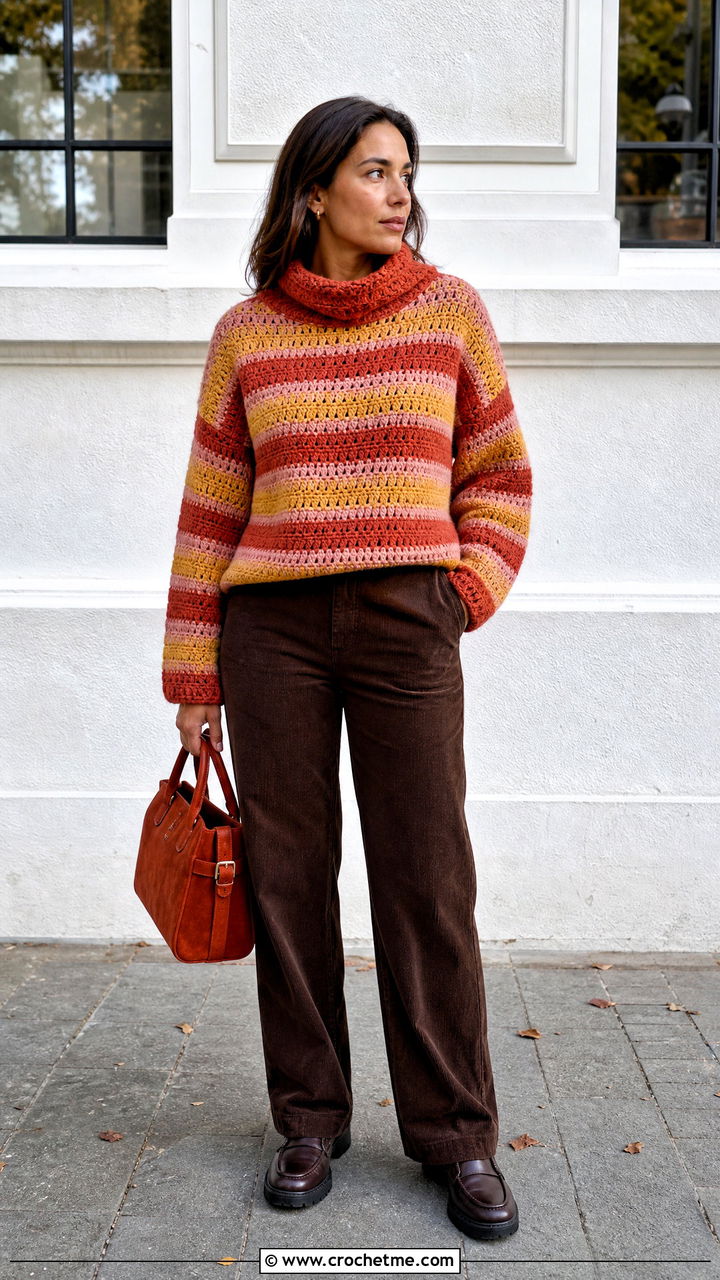 Funnel Neck Crochet Striped Sweater With Corduroy Pants - 35 crochet striped sweater outfit ideas