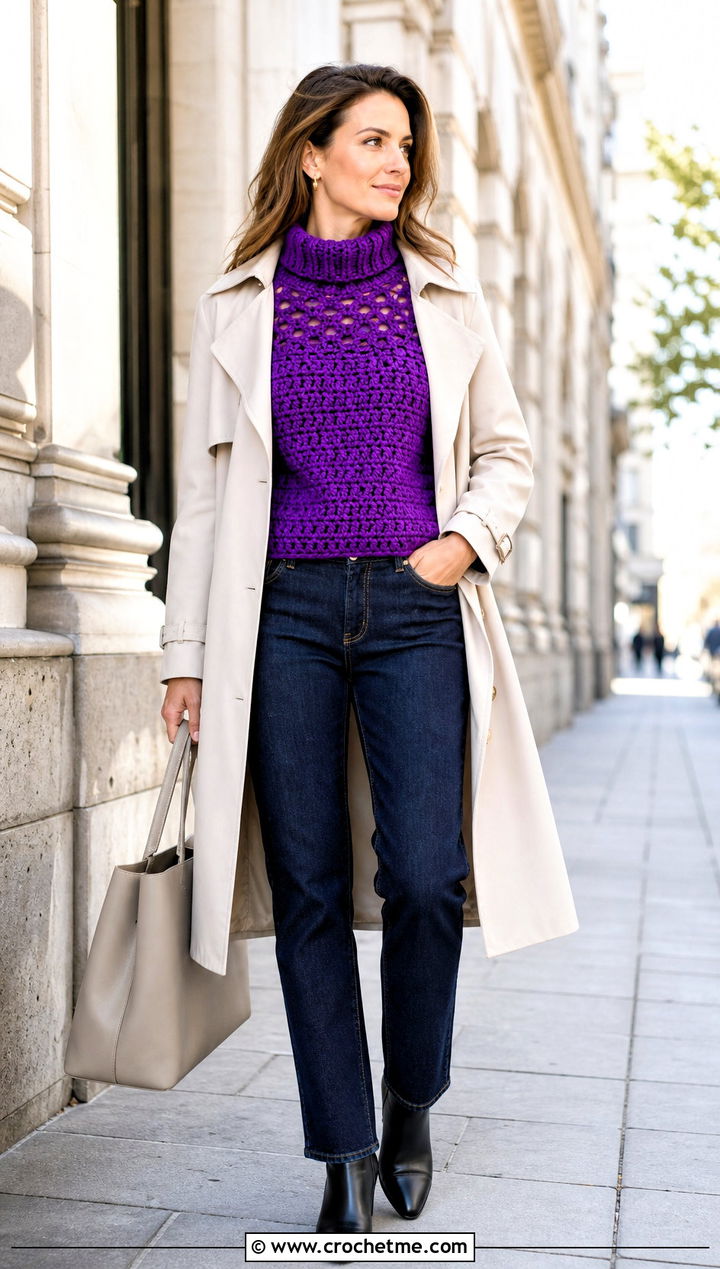 Funnel Neck Crochet Sweater Top With Trench Coat - 35 Crochet Top Sweater outfit ideas