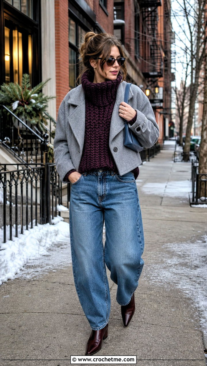 Funnel Neck Crochet Sweater With Barrel Jeans - 30 winter crochet sweater outfit ideas