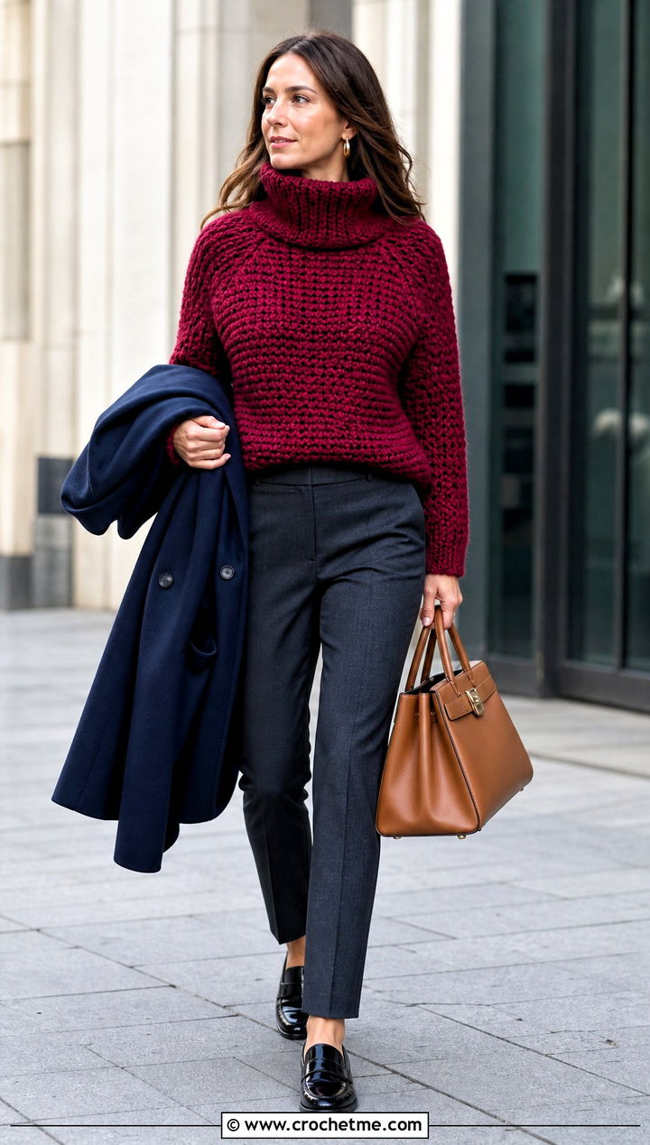 Funnel Neck Crochet Sweater With Cigarette Pants - 30 bulky yarn crochet sweater outfit ideas
