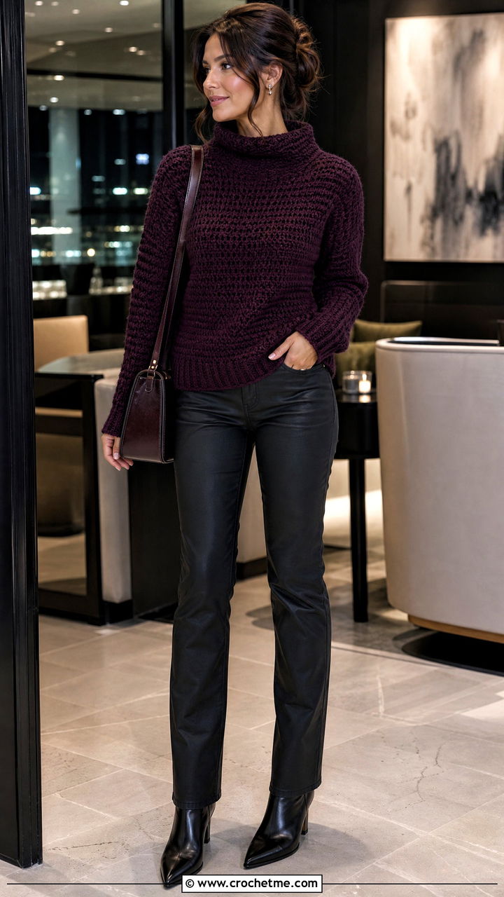Funnel Neck Crochet Sweater With Coated Jeans - 35 crochet sweater design for women outfit ideas