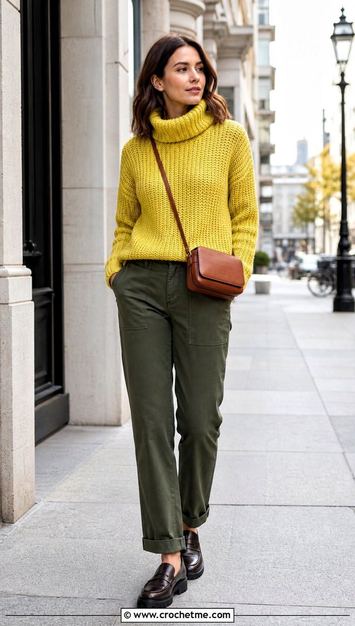 Funnel Neck Crochet Sweater With Utility Pants - 25 Crochet For Sweaters For Women outfit ideas