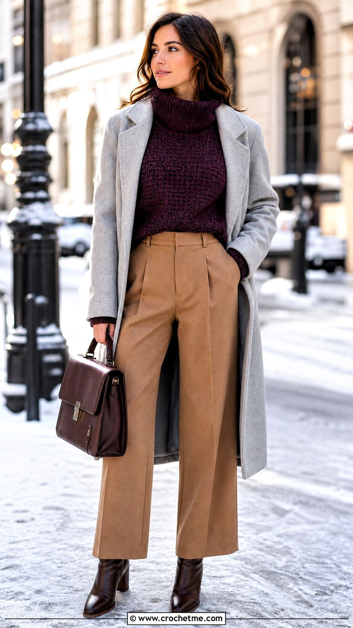 Funnel Neck Crochet Top With Wool Trousers - 35 crochet top with sleeves outfit ideas