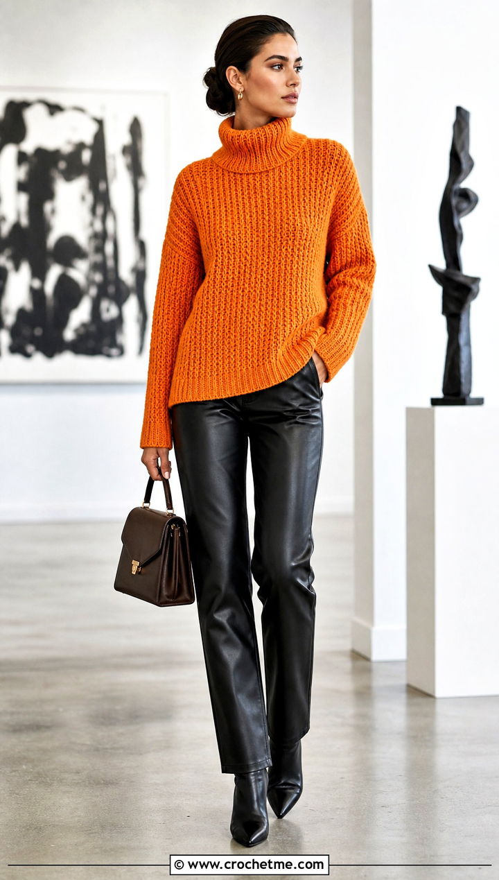 Funnel Neck Crochet Turtleneck Sweater With Leather Pants - 30 crochet turtleneck sweater outfit ideas