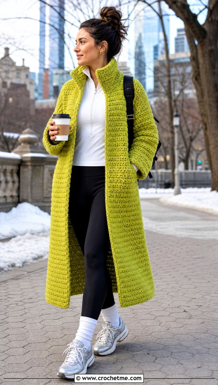 Funnel Neck Crochet Winter Coat With Leggings And Sneakers - 20 Crochet Winter Coat outfit ideas