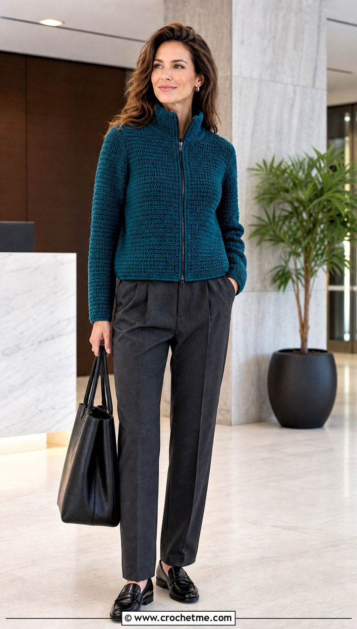 Funnel Neck Crochet Zip Jacket With Tailored Trousers - 25 crochet jacket with zipper outfit ideas