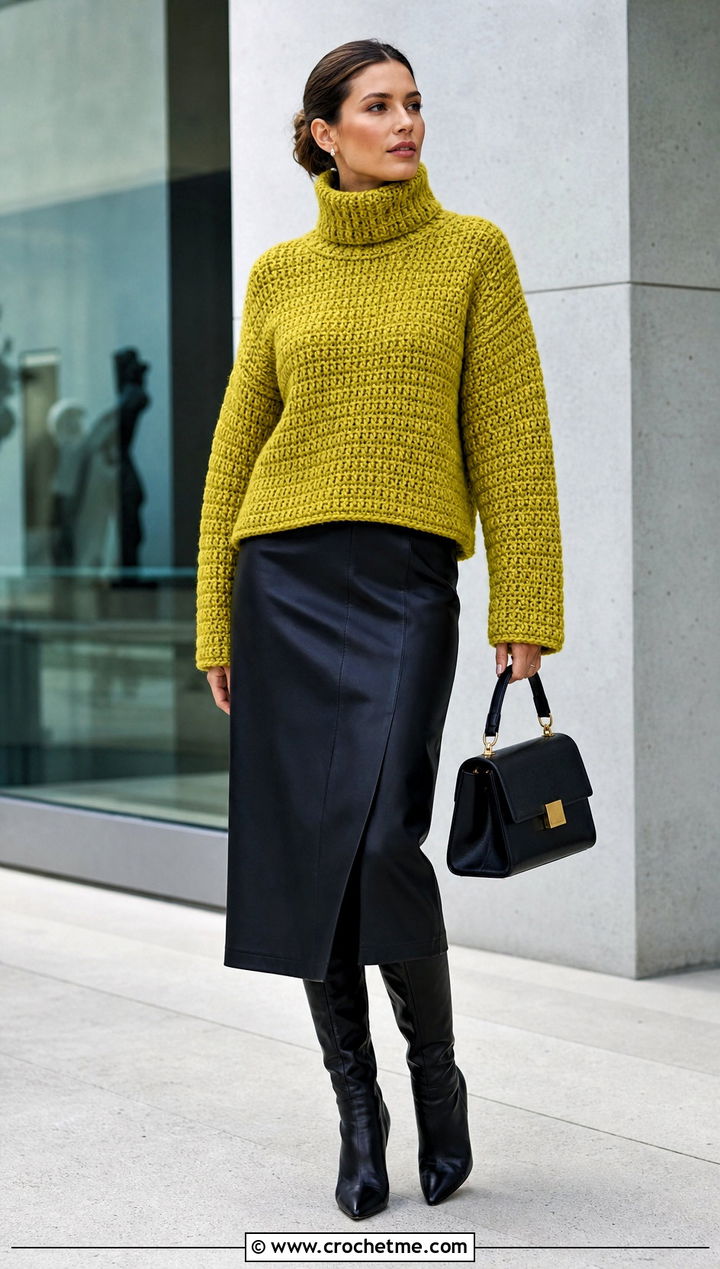 Funnel Neck Double Crochet Sweater With Faux Leather Skirt - 35 double crochet sweater outfit ideas