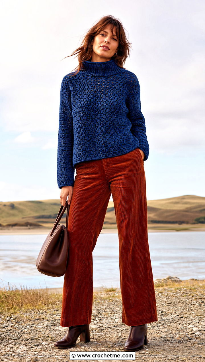 Funnel Neck Fisherman Crochet Sweater With Corduroy Pants - 25 Fisherman Crochet Sweater outfit ideas