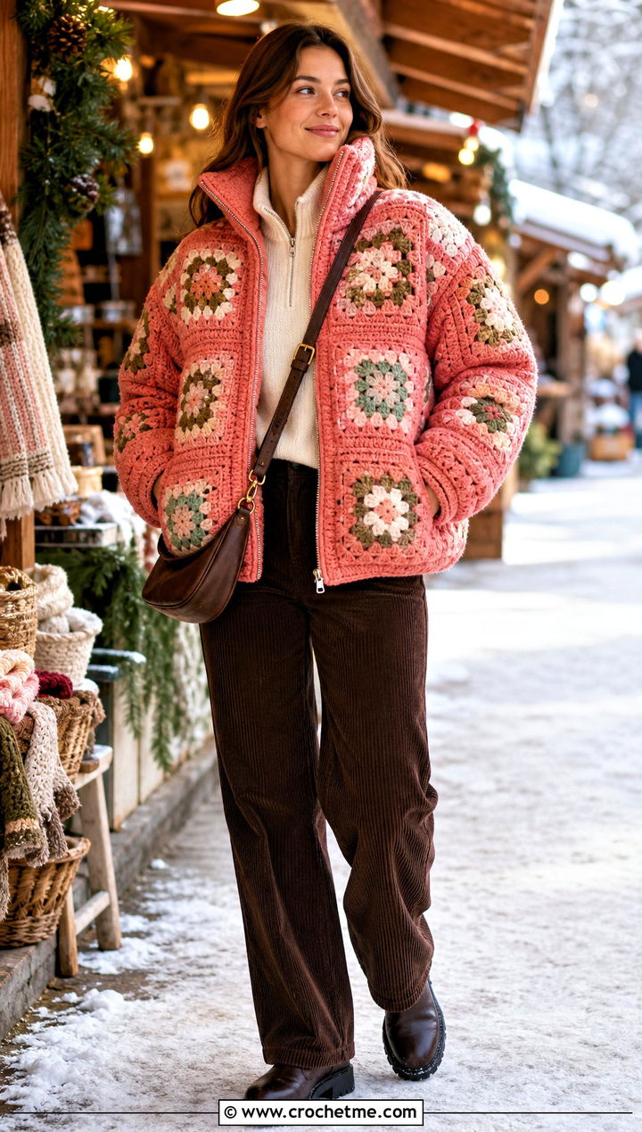 Funnel Neck Granny Square Puffer Jacket With Corduroy Pants - 15 granny square puffer jacket outfit ideas