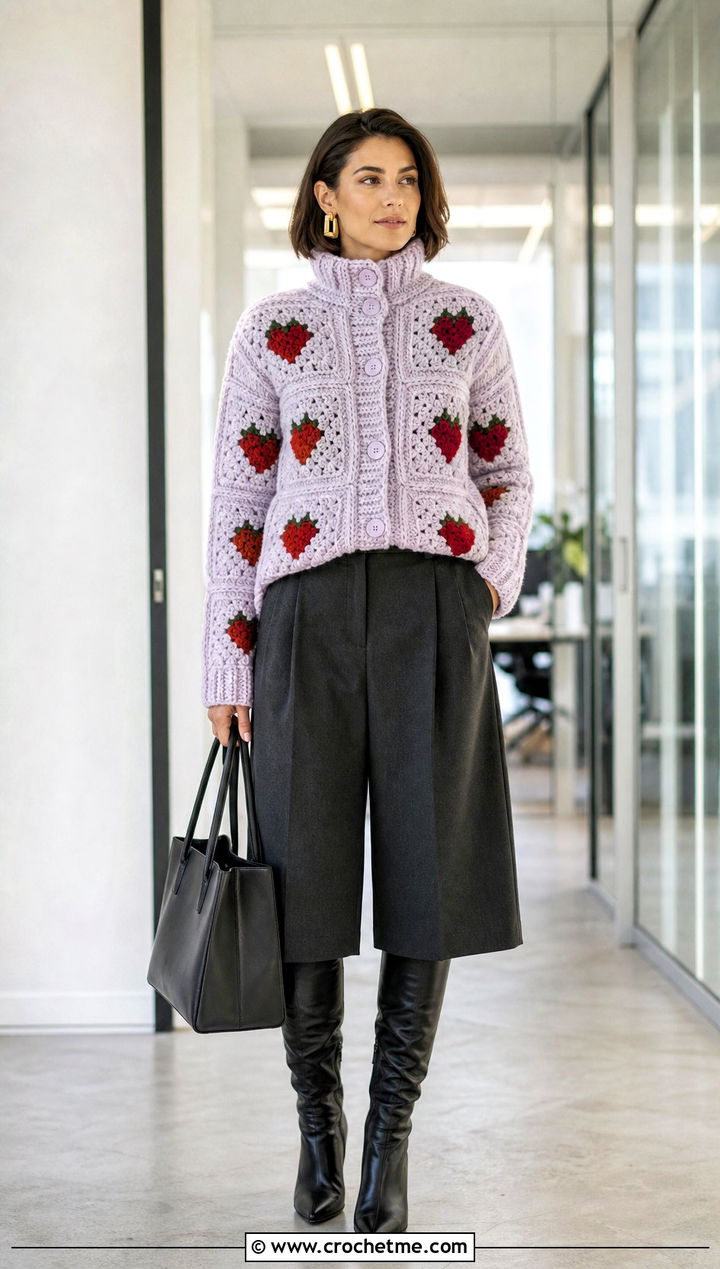 Funnel Neck Heart Granny Square Cardigan With Charcoal Culottes - 35 Heart Granny Square Cardigan outfit ideas