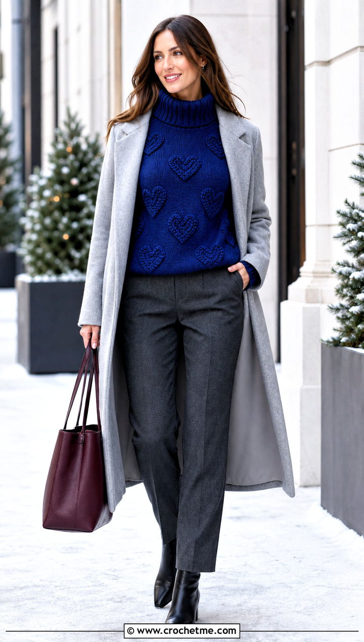 Funnel Neck Heart Jumper With Wool Trousers - 30 crochet heart jumper outfit ideas