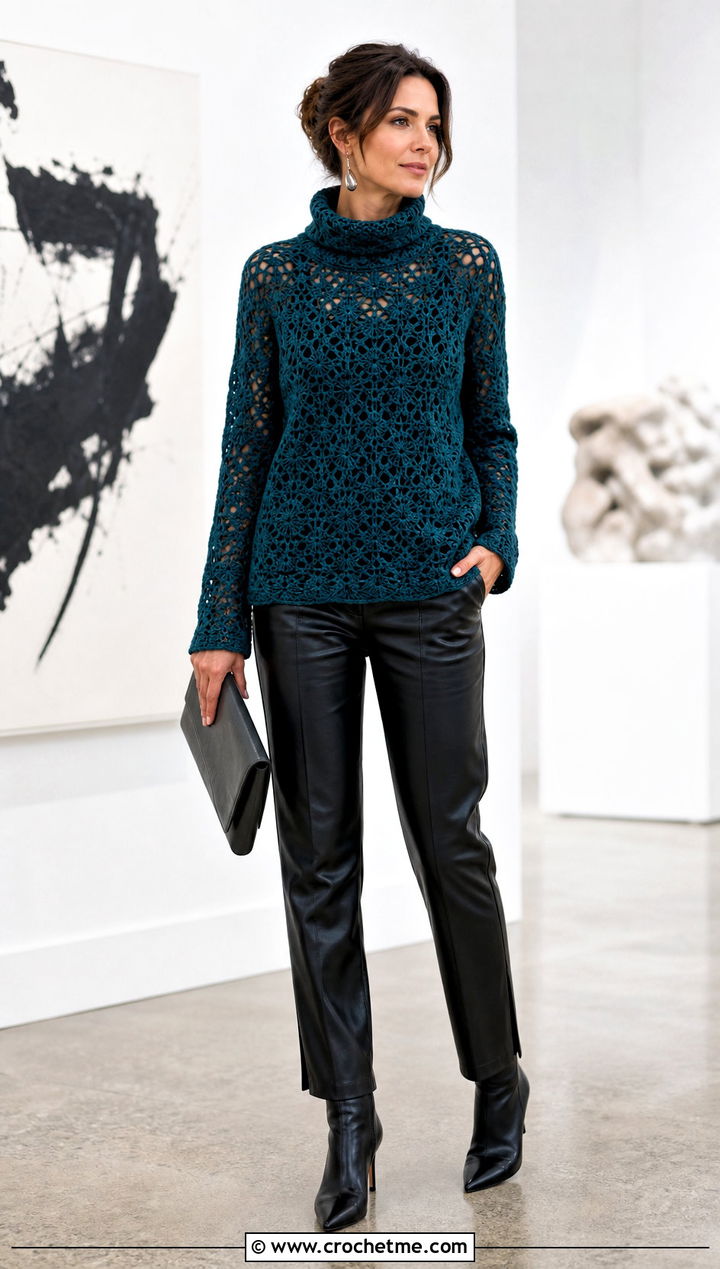 Funnel Neck Lace Weight Crochet Sweater With Leather Pants - 15 Lace Weight Crochet Sweater outfit ideas