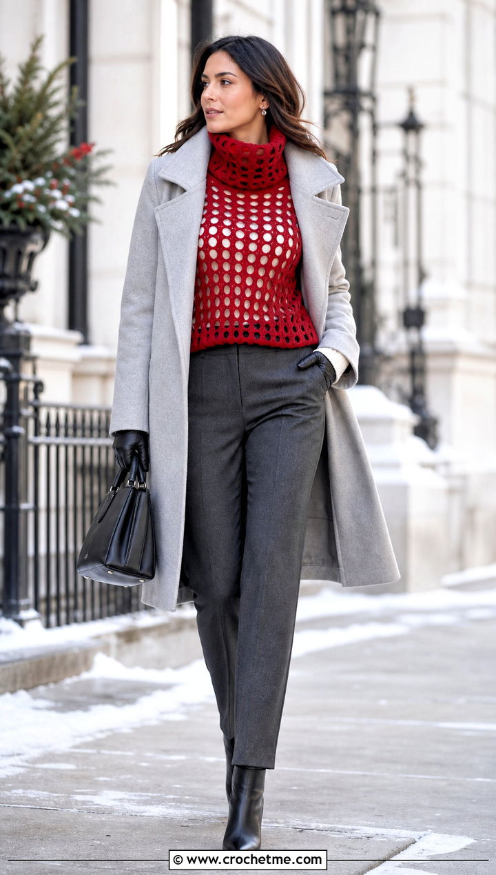 Funnel Neck Mesh Crochet Sweater With An Open Wool Coat - 30 mesh crochet sweater outfit ideas