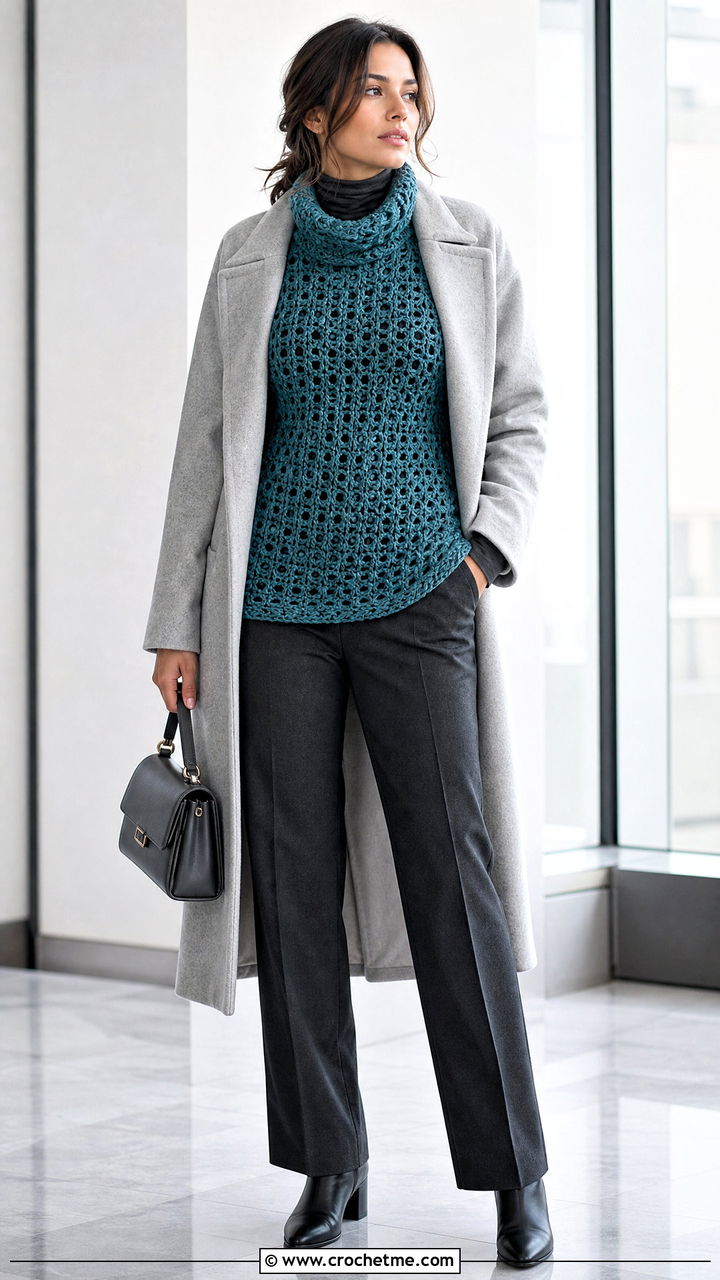 Funnel Neck Mesh Crochet Top With Turtleneck And Trousers - 35 mesh crochet top outfit ideas