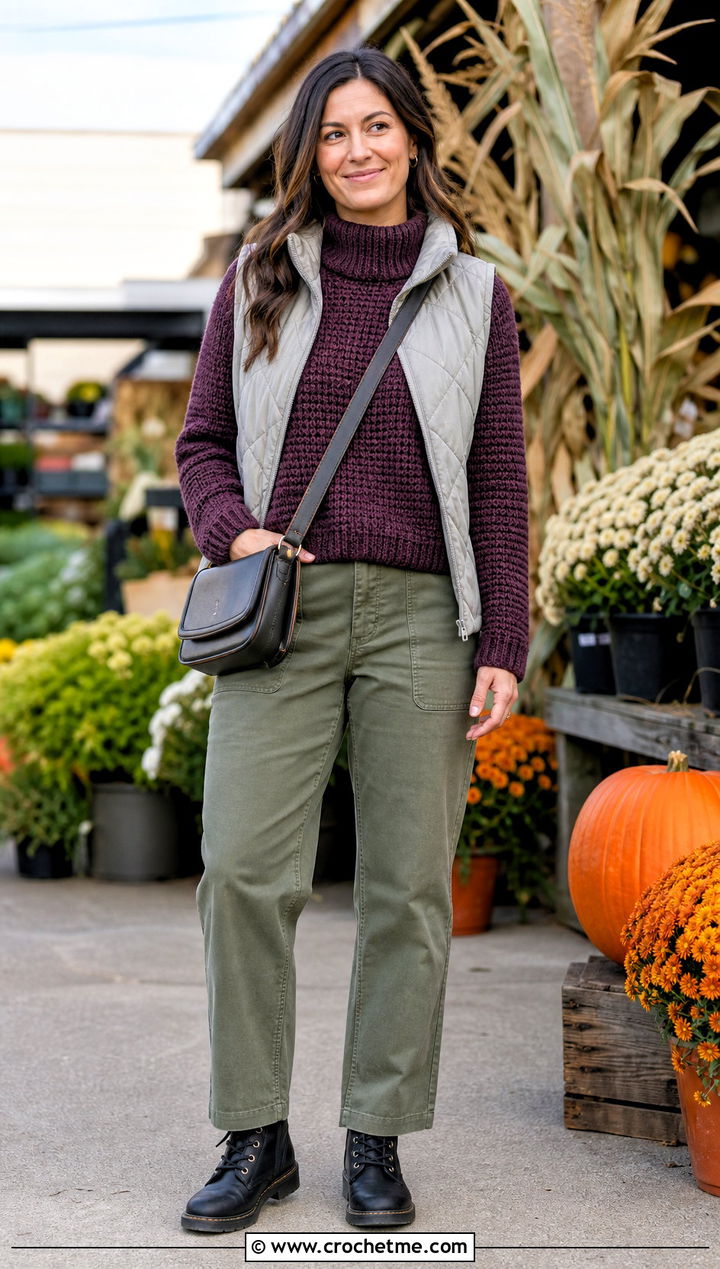 Funnel Neck Mock Knit Crochet Sweater With Utility Pants - 15 Mock Knit Crochet Sweater outfit ideas