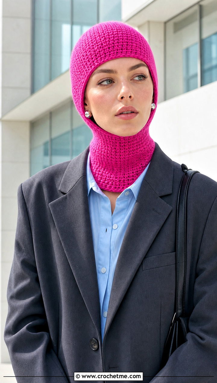 Funnel Neck Pink Crochet Balaclava With Tailored Blazer - 25 Pink Crochet Balaclava outfit ideas