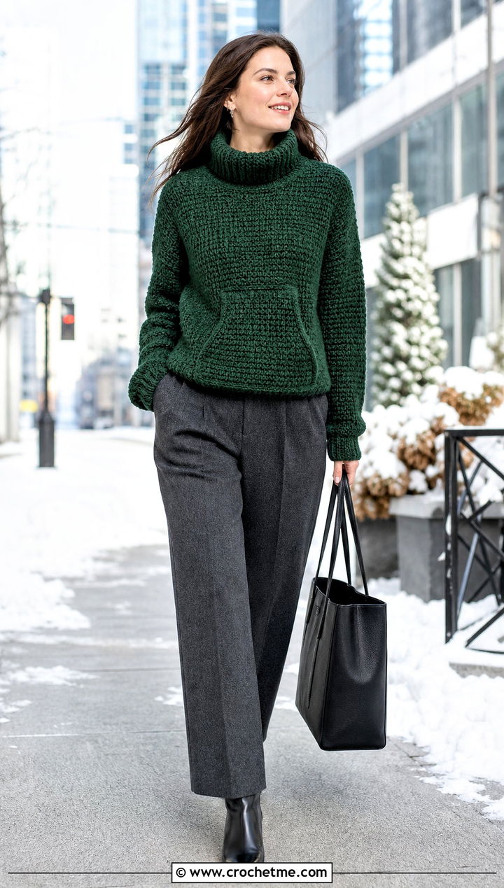 Funnel Neck Pocket Crochet Sweater With Wool Trousers - 25 crochet sweater with pockets outfit ideas
