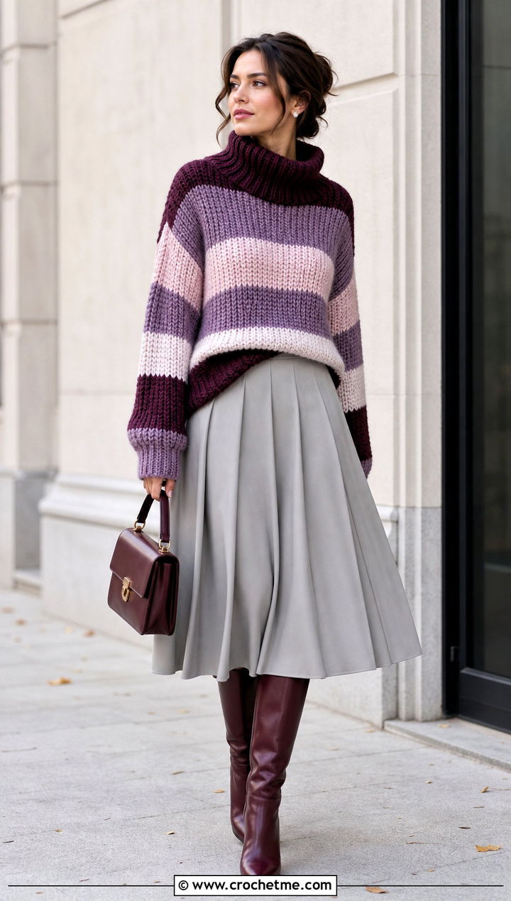 Funnel Neck Striped Crochet Sweater With Midi Skirt - 30 striped crochet sweater outfit ideas