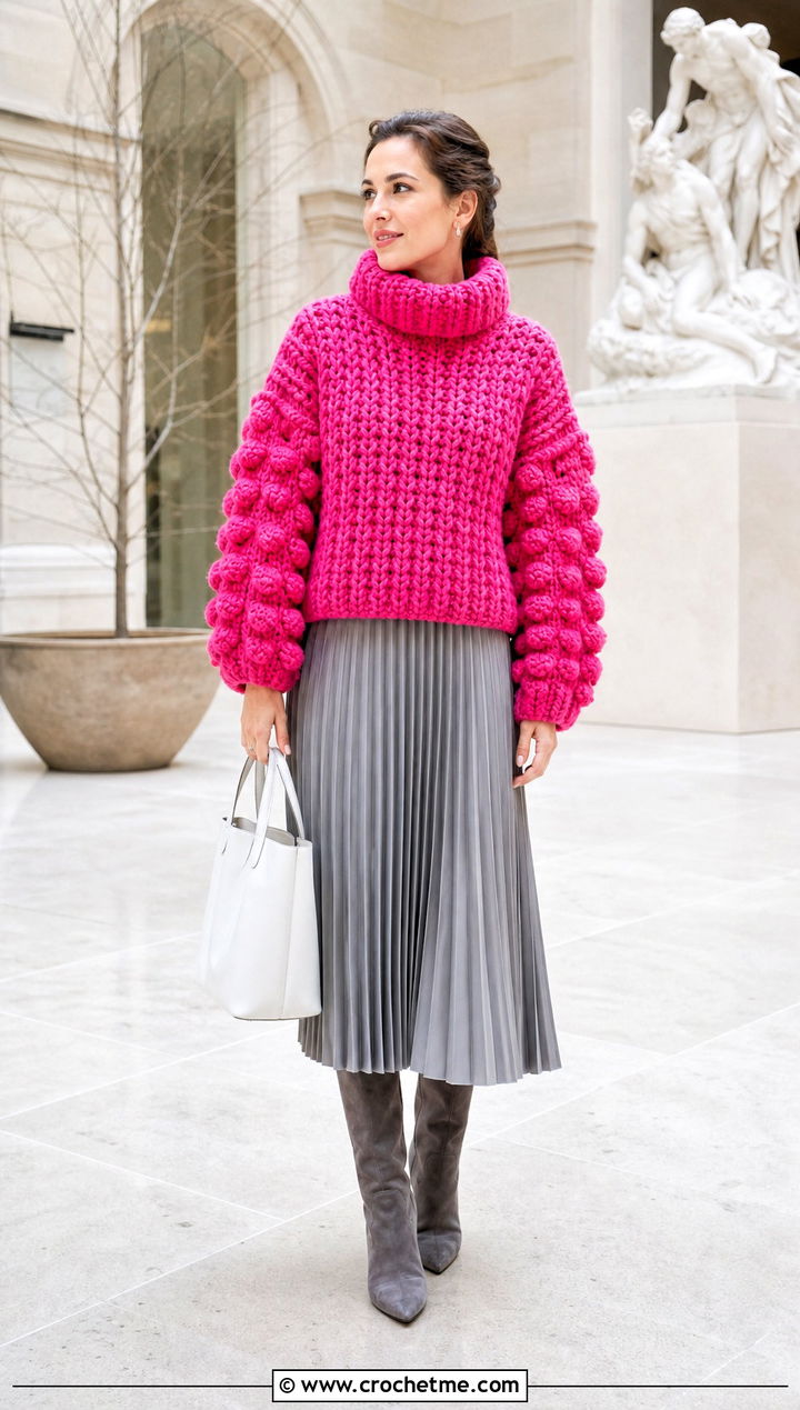 Funnel Neck Super Bulky Crochet Sweater With Pleated Midi Skirt - 25 Super Bulky Crochet Sweater outfit ideas