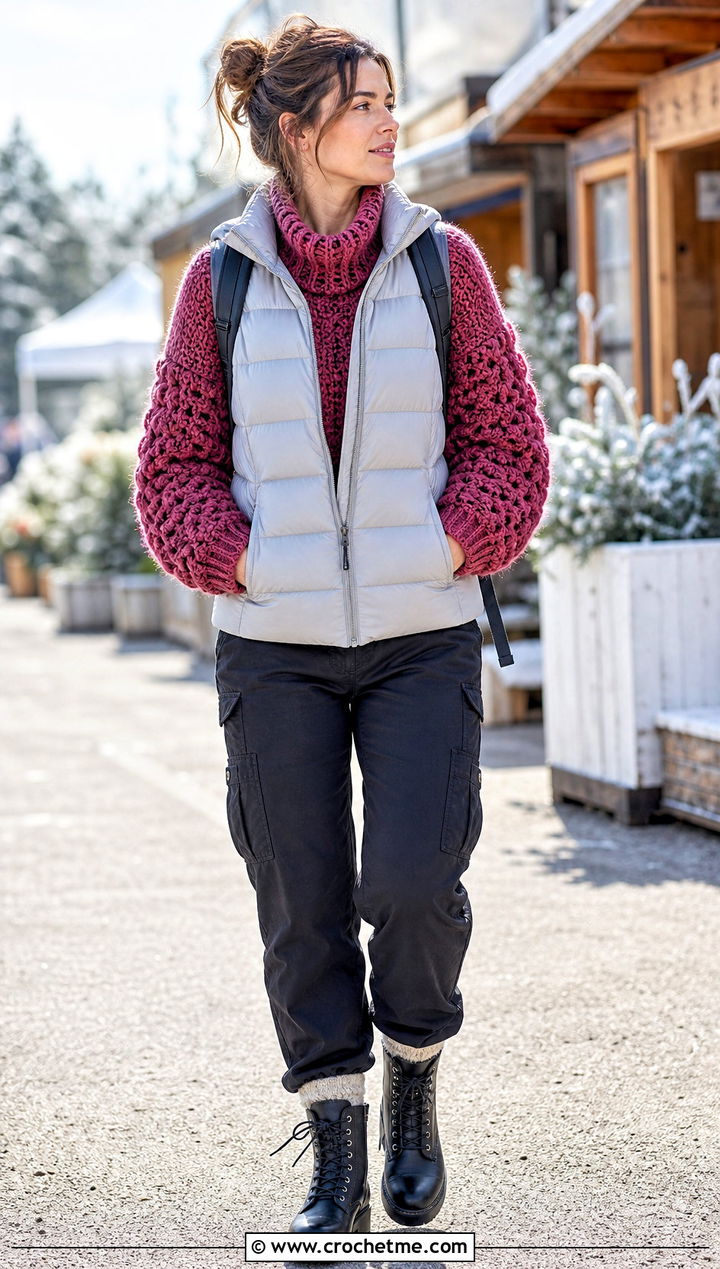 Funnel Neck Thick Yarn Crochet Sweater With Puffer Vest - 25 thick yarn crochet sweater outfit ideas