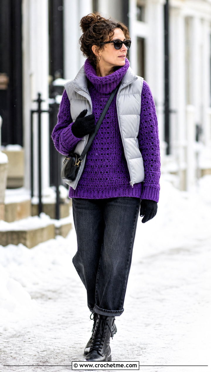 Funnel Neck Velvet Crochet Sweater With Puffer Vest - 30 velvet crochet sweater outfit ideas