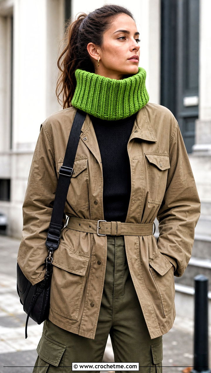 Funnel Ribbed Cowl With Utility Jacket - 20 Crochet Ribbed Cowl outfit ideas