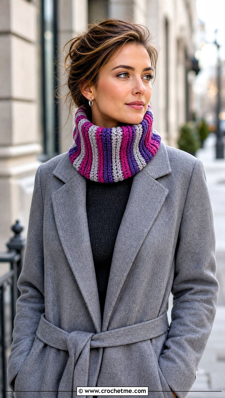 Funnel Striped Crochet Cowl With Wool Coat - 15 striped crochet cowl outfit ideas
