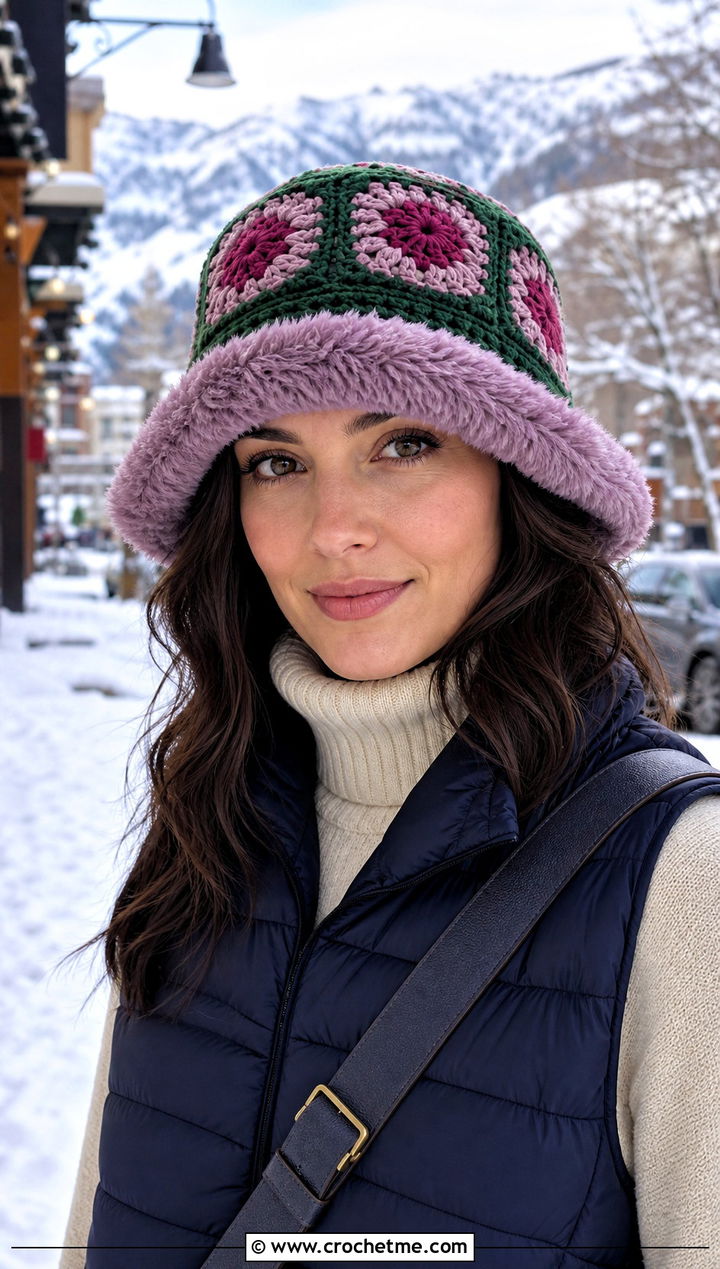 Furry Brim Granny Square Crochet Bucket Hat With Puffer Vest - 35 granny square crochet bucket hat outfit ideas