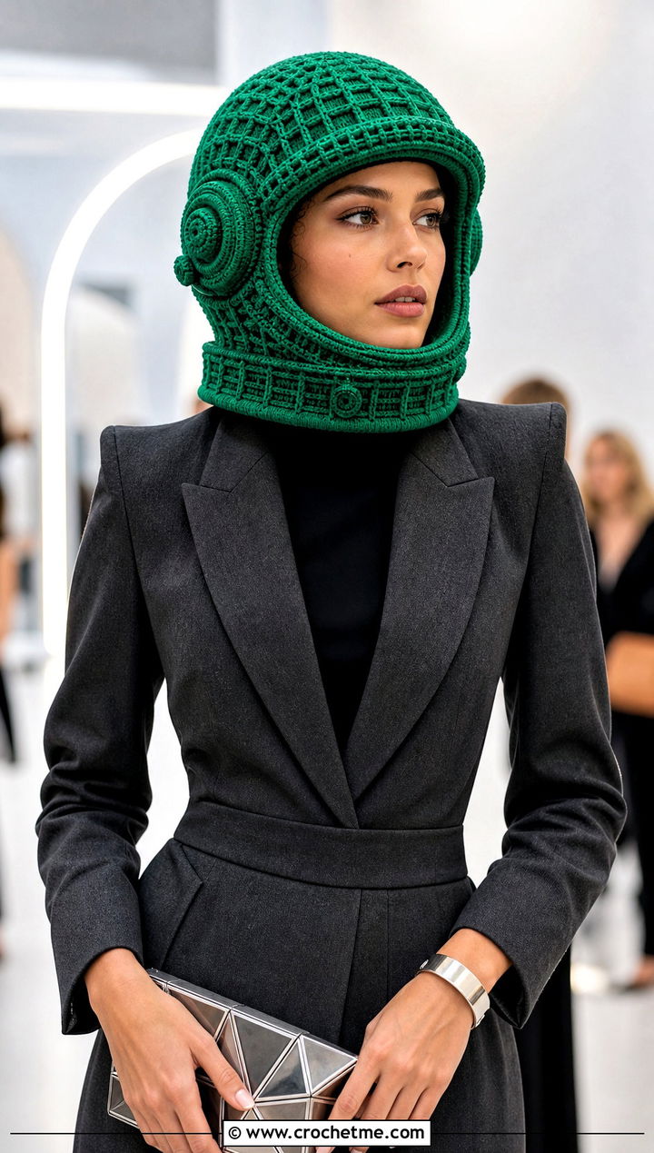 Futuristic Crochet Astronaut Helmet With Blazer Dress And Boots - 15 Crochet Astronaut Hat outfit ideas