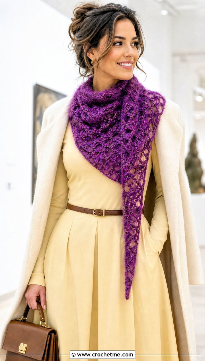 Fuzzy Asymmetrical Crochet Scarf With Midi Dress - 25 Fuzzy Crochet Scarf outfit ideas