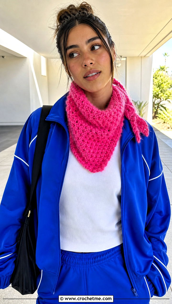 Fuzzy Bandana Crochet Scarf With Track Jacket - 25 Fuzzy Crochet Scarf outfit ideas