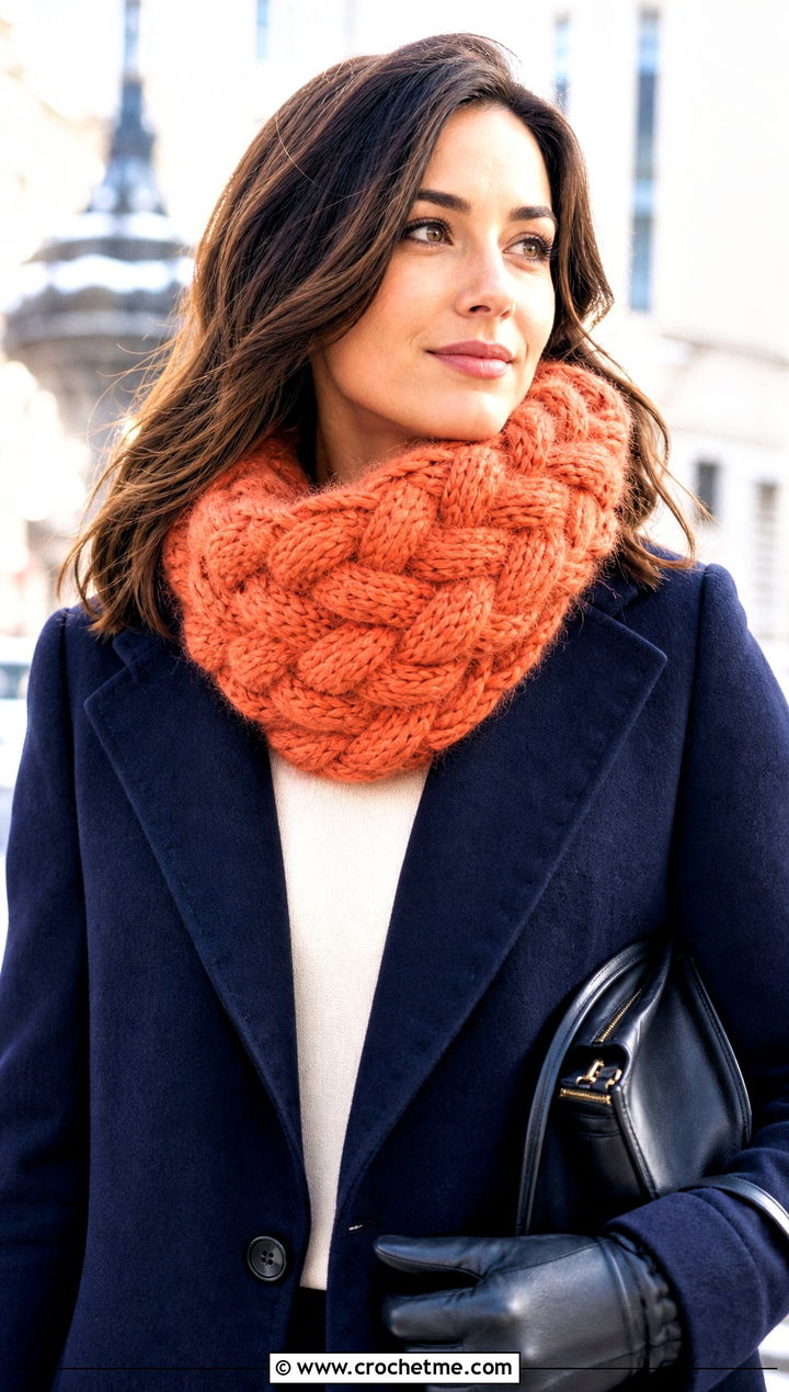 Fuzzy Braided Crochet Cowl With Wool Coat - 25 Fuzzy Crochet Scarf outfit ideas