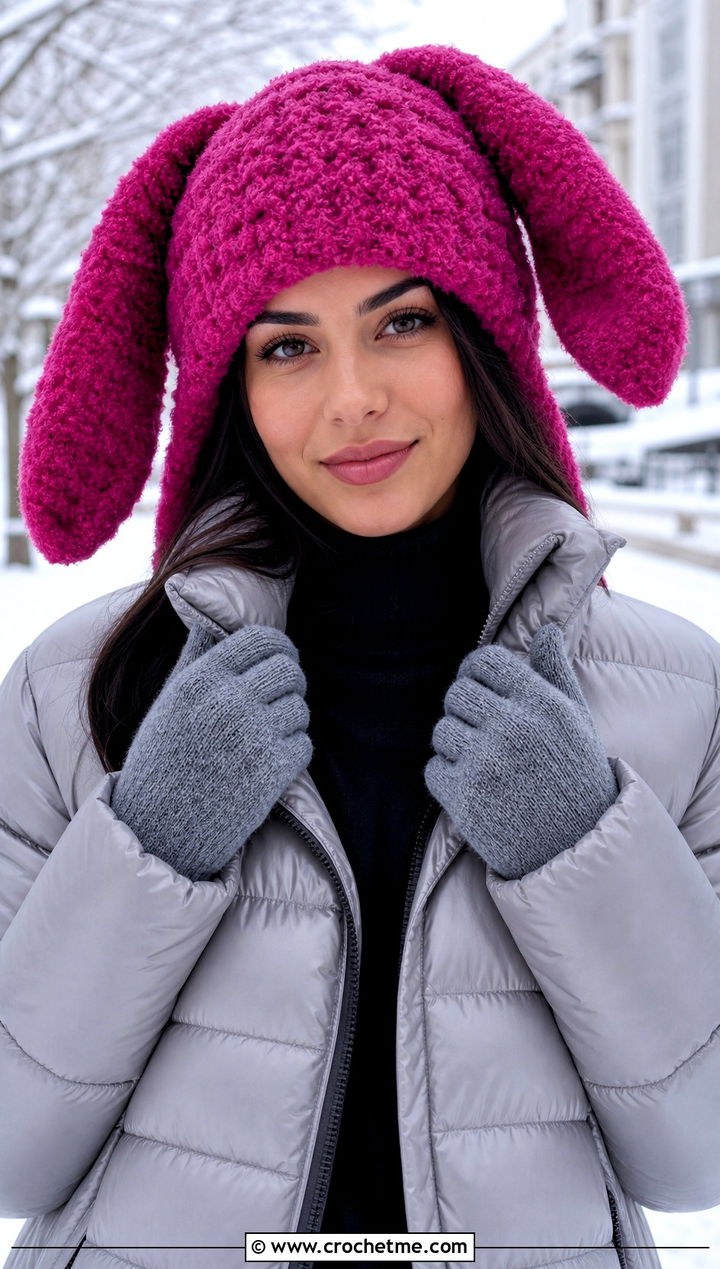 Fuzzy Bunny Ear Sincerity Is Scary Crochet Hat With Puffer Jacket And Snow Boots - 15 Sincerity Is Scary Crochet Hat outfit ideas