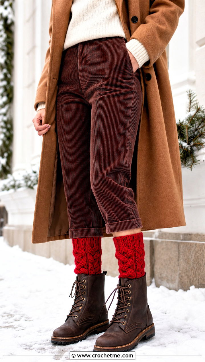 Fuzzy Cable Texture Crochet Socks With A Wool Coat - 20 Fuzzy Crochet Sock outfit ideas