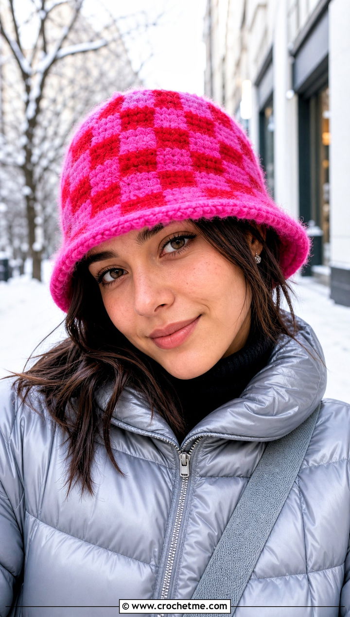 Fuzzy Checkerboard Crochet Bucket Hat With Puffer Jacket - 20 checkerboard crochet bucket hat outfit ideas