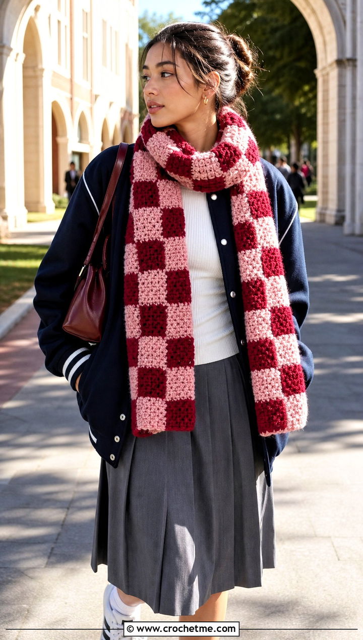 Fuzzy Checkerboard Crochet Scarf With Varsity Jacket - 25 Fuzzy Crochet Scarf outfit ideas