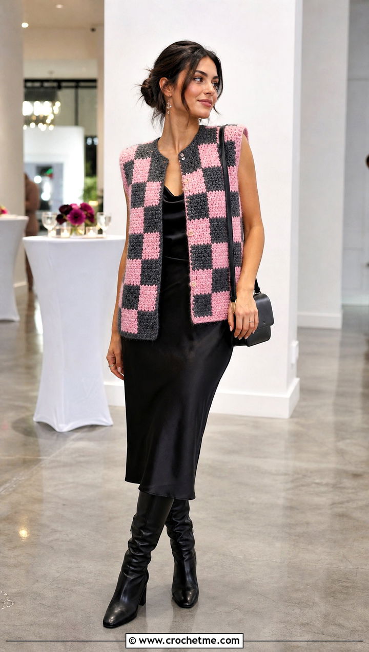 Fuzzy Checkerboard Vest With Slip Dress - 15 Crochet Wednesday Addams Vest outfit ideas