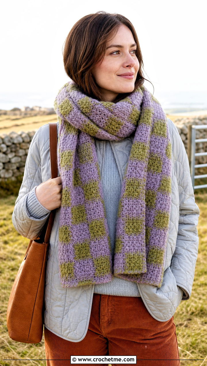 Fuzzy Checkered Crochet Scarf With Quilted Jacket and Corduroy Pants - 20 Checkered Crochet Scarf outfit ideas