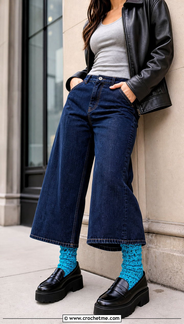 Fuzzy Chenille Crochet Socks With Wide Leg Jeans - 20 Fuzzy Crochet Sock outfit ideas