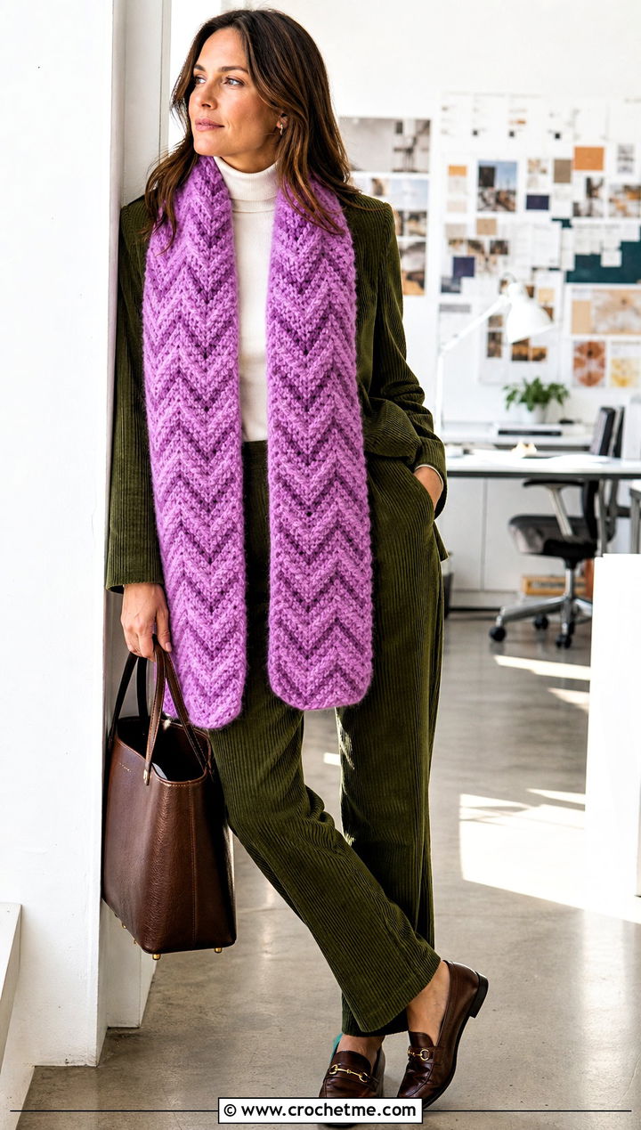 Fuzzy Chevron Crochet Scarf With Corduroy Suit - 25 Fuzzy Crochet Scarf outfit ideas