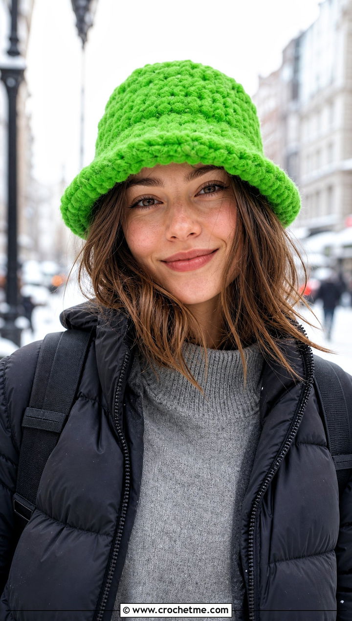 Fuzzy Chunky Bucket Hat With Puffer Jacket - 30 crochet chunky bucket hat outfit ideas