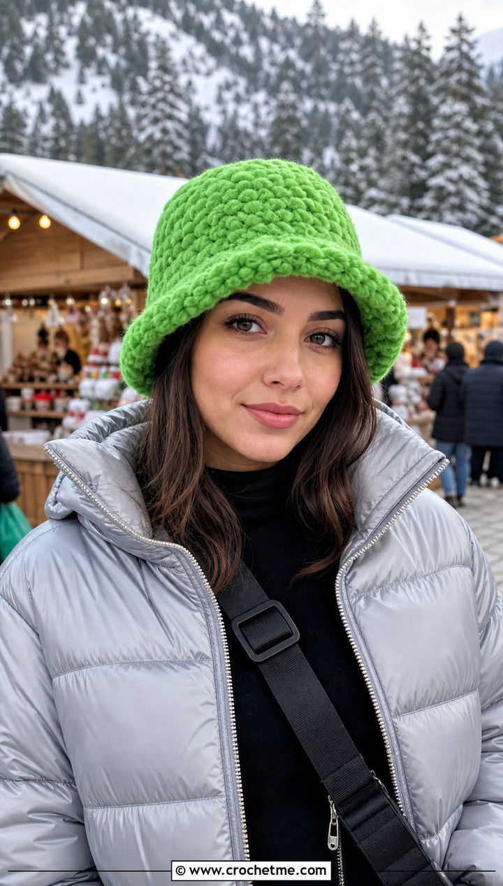 Fuzzy Chunky Crochet Bucket Hat With Puffer Jacket - 25 Chunky Crochet Bucket Hat outfit ideas