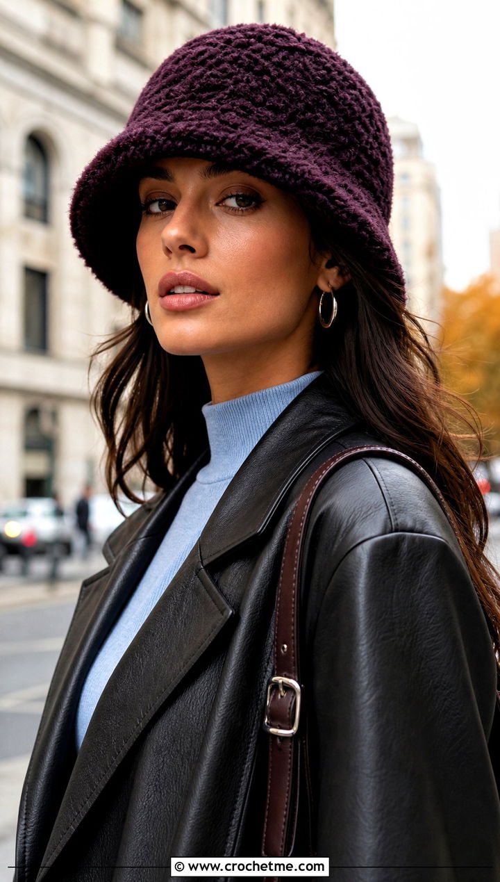 Fuzzy Crochet Adult Bucket Hat With Leather Jacket And Jeans - 25 crochet adult bucket hat outfit ideas