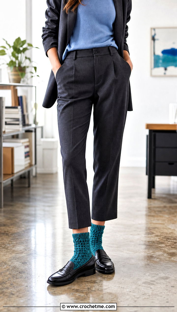 Fuzzy Crochet Ankle Socks With Tailored Trousers - 20 Fuzzy Crochet Sock outfit ideas