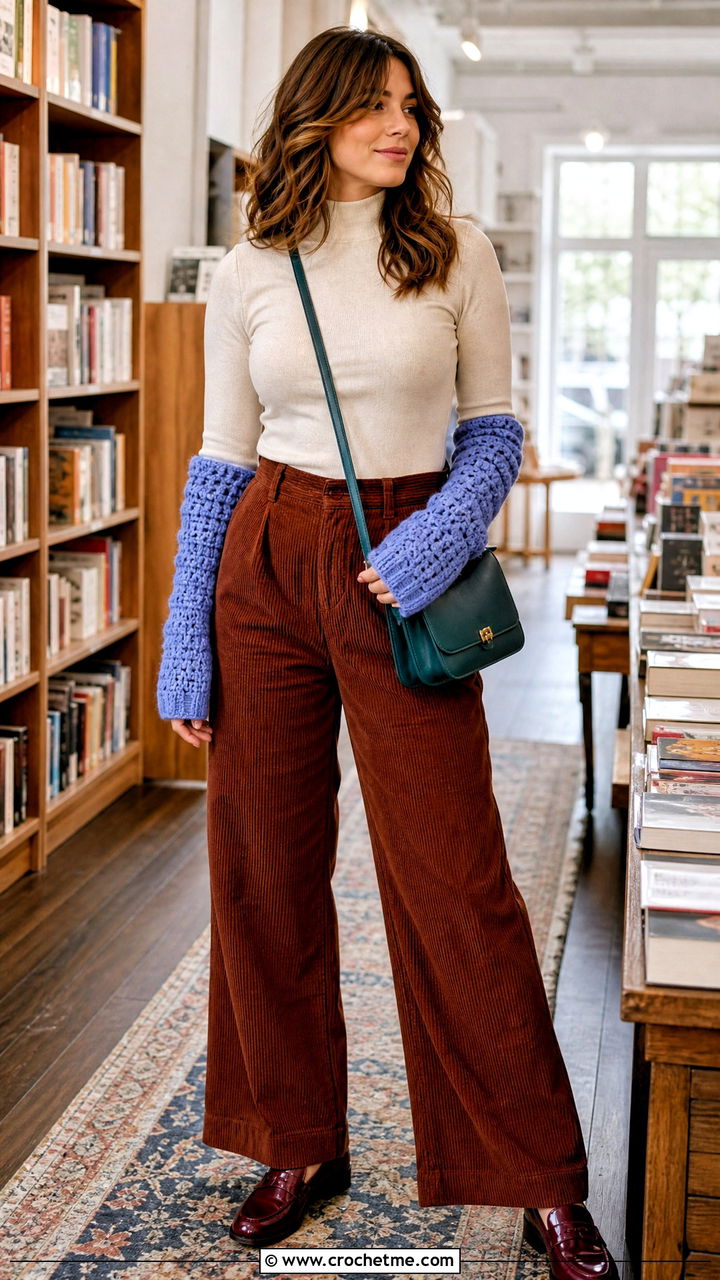 Fuzzy Crochet Arm Warmers With Corduroy Pants - 35 crochet arm warmers outfit ideas